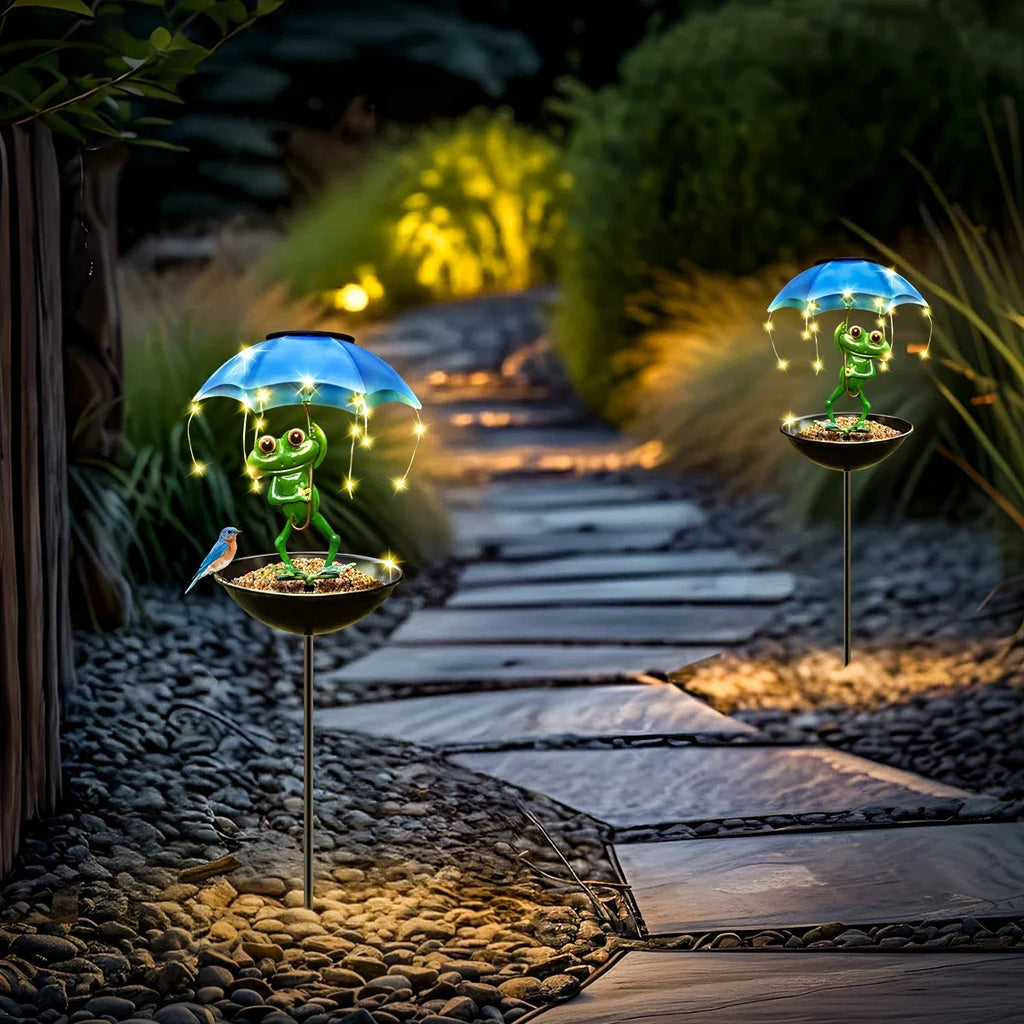 Solar Frog Statue Garden Light & Bird Feeder