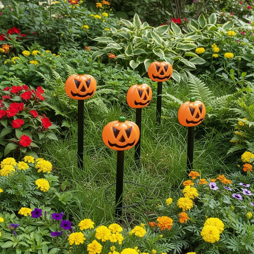 Set of Halloween-themed pumpkin lights on stakes in a grassy area